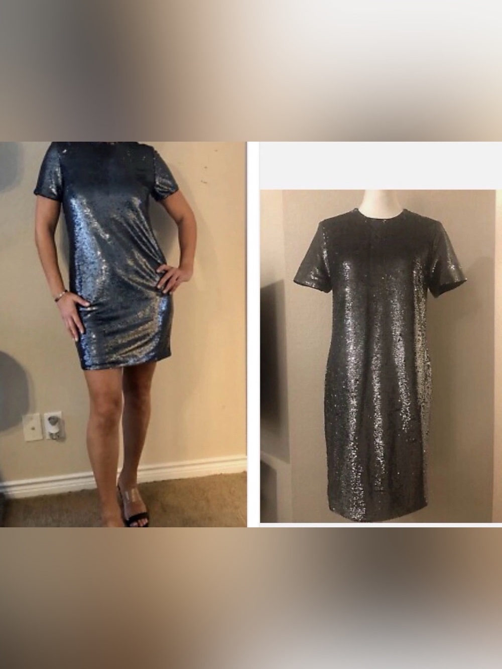 Lauren Ralph Lauren Silver Short-Sleeve Metallic Sequin Cocktail Dress Size 2